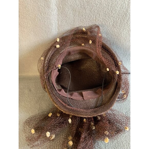 Ladies Brown Hat with netting and Pom Pom accents Sz 22 Vintage main image 5